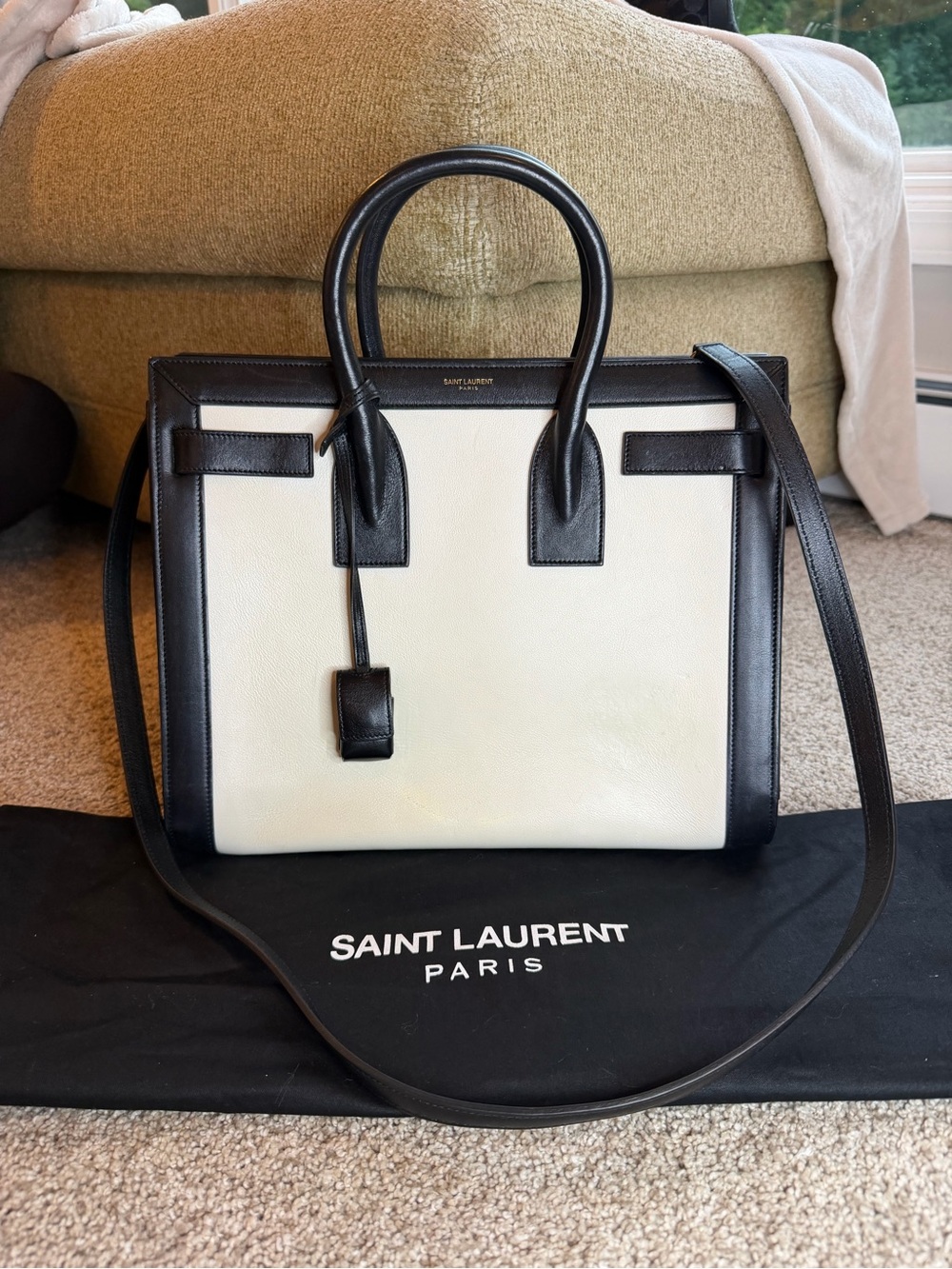 Saint Laurent Small Sac de Jour Bicolor White Black Leather Bag + Dust Bag